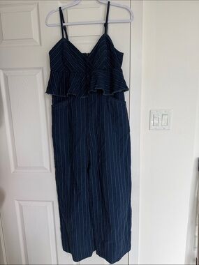 Anthropologie Navy Pinstripe Ruffled Bodice Jumpsuit